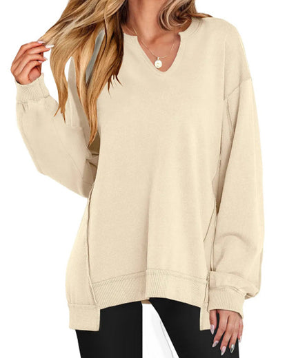 V-Neck Solid Color Loose Sweatshirt