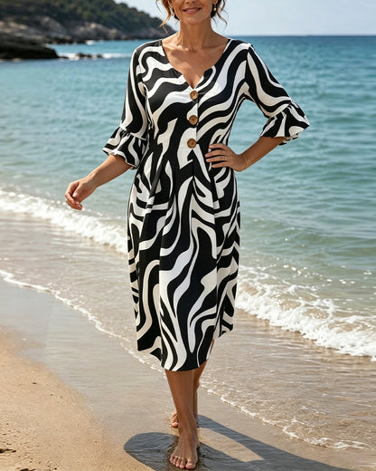 V-Neck Button Zebra Loose Dresses