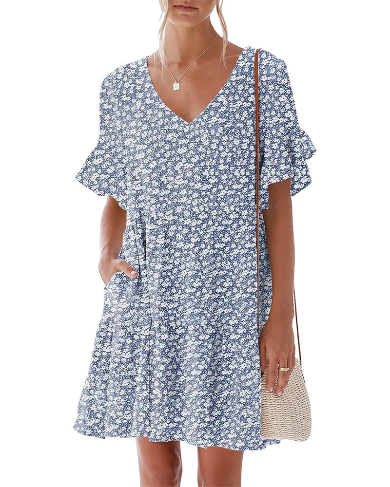 Ruffled sleeves V-neck floral print dress casual dresses summer