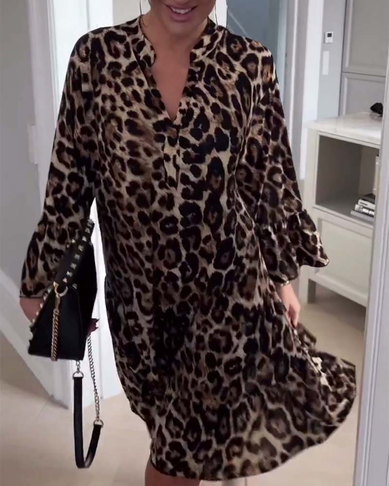 Leopard print bell sleeve elegant v neck dress casual dresses spring