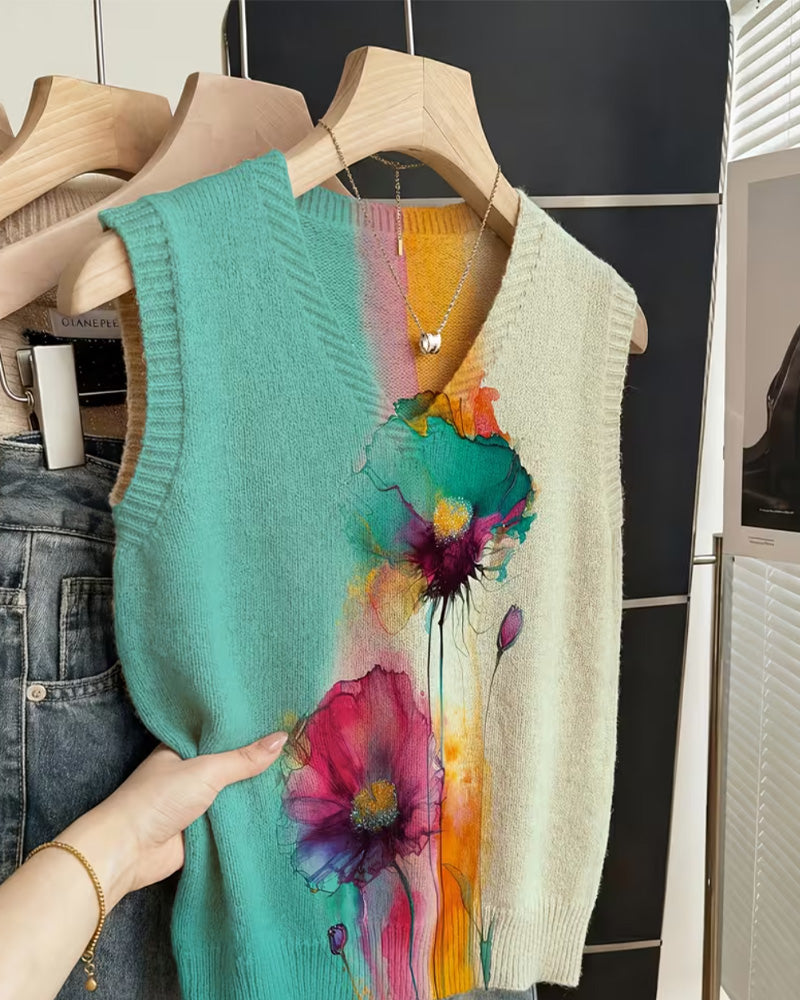 Watercolor Floral Waistcoat Pullover