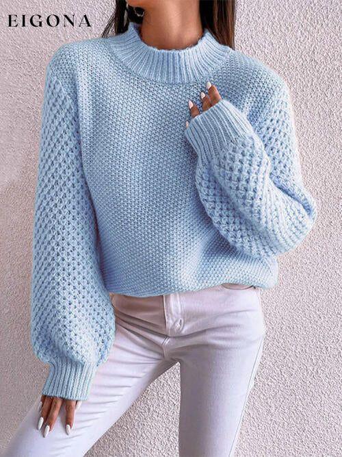 Openwork Mock Neck Long Sleeve Sweater Pastel Blue clothes Ship From Overseas sweater sweaters Sweatshirt X.W