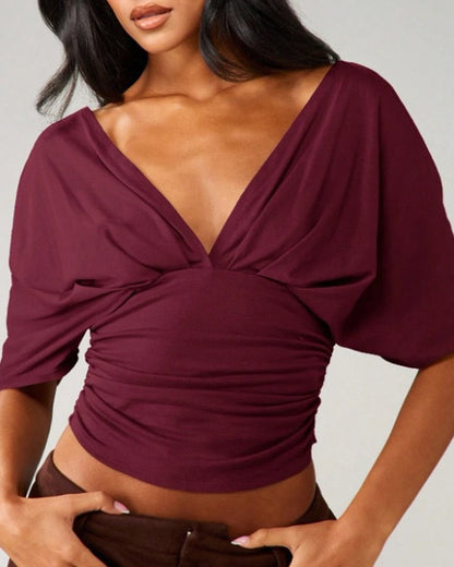 V-Neck Batwing Sleeve Waist Tie Top