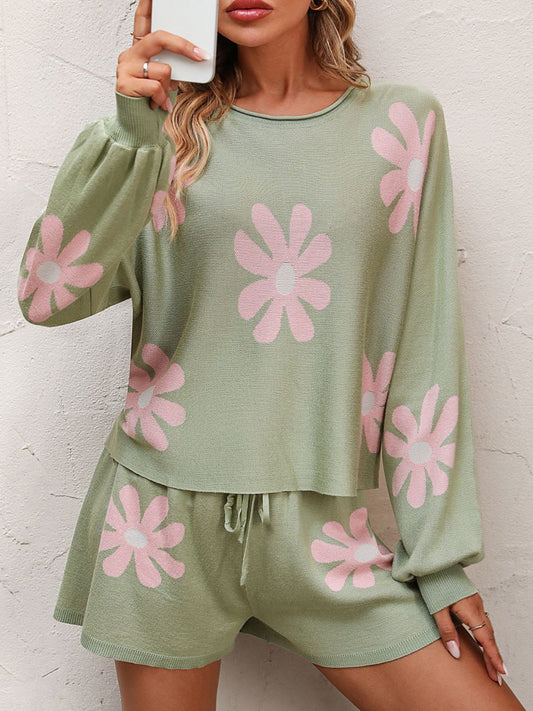 Floral Print Raglan Sleeve Knit Top and Tie Front Sweater Shorts Set clothes lounge lounge wear loungewear Mandy sets Ship From Overseas trend