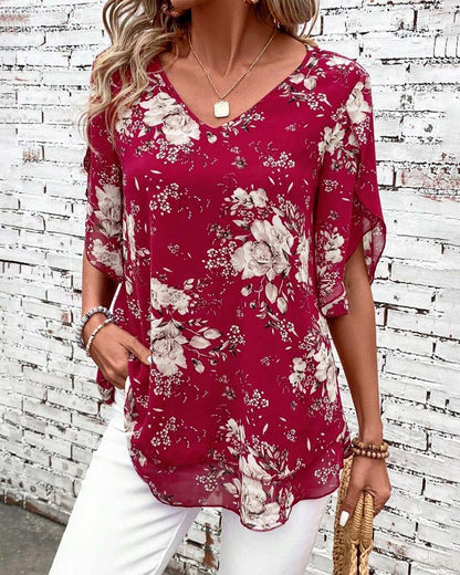 V-Neck Printed Double-Layer Short-Sleeved Blouse