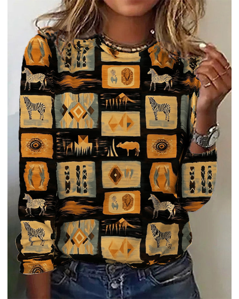 Casual fun geometric animal crew neck top 2024 f/w blouses & shirts Western Style