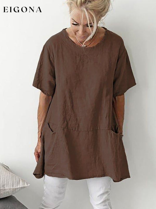 Woman's solid color cotton linen short sleeves crew neck pocket size T-shirt cotton linens