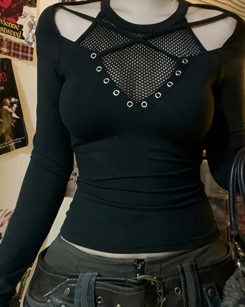 Crew Neck Off-Shoulder Cutout Cross Over Slim Blouse autumn blouses & shirts spring