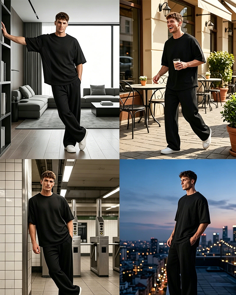 Men's Casual Solid Color Short Sleeve Set