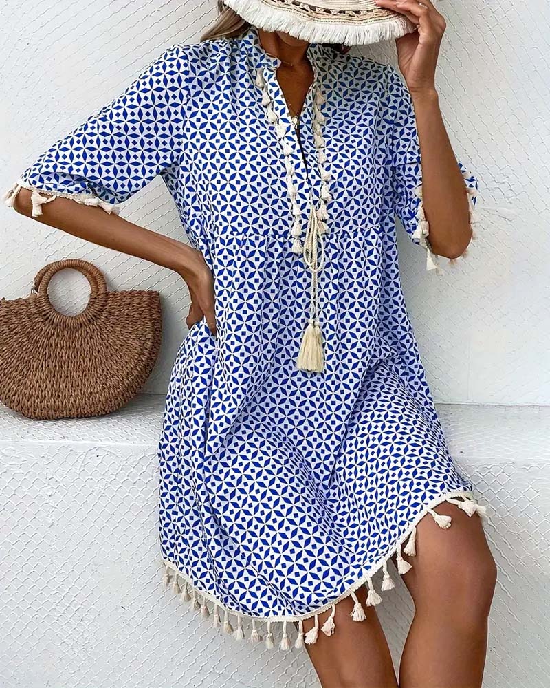 V-neck tassel print dress casual dresses summer