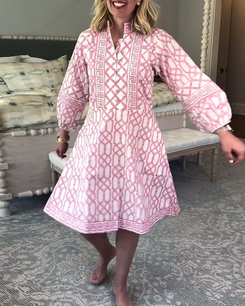 Lantern Sleeves Stand Collar Printed Loose Dress