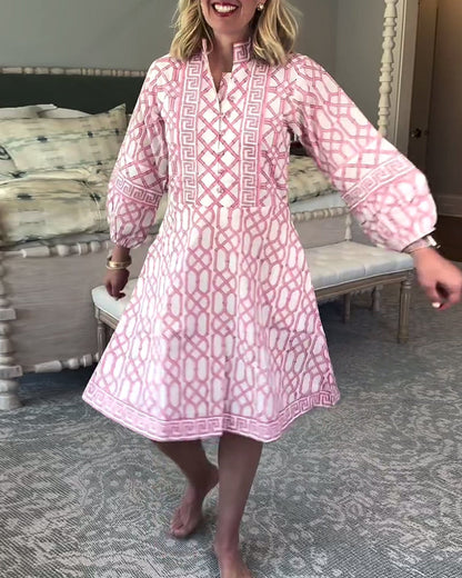 Lantern Sleeves Stand Collar Printed Loose Dress