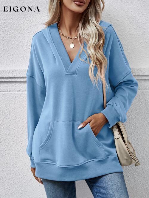 V-Neck Drop Shoulder Long Sleeve Hoodie Pastel Blue Changeable clothes Ship From Overseas Sweater sweaters