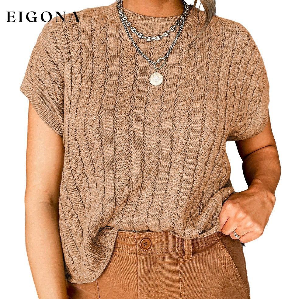 Light French Beige Crew Neck Cable Knit Short Sleeve Sweater All In Stock cable knit clothes Fabric Ribbed Hot picks Print Solid Color Season Fall & Autumn shirt shirts short sleeve short sleeve shirt short sleeve top Sleeve Short Sleeve Style Casual Sweater sweaters top tops
