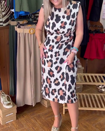 Fashionable leopard print slit sleeveless dress 202466 casual dresses summer
