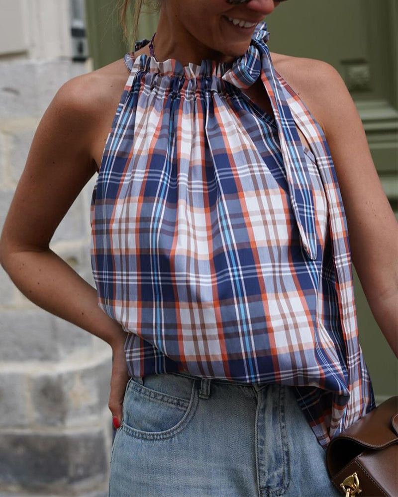 Sleeveless halterneck strappy plaid blouse blouses & shirts summer