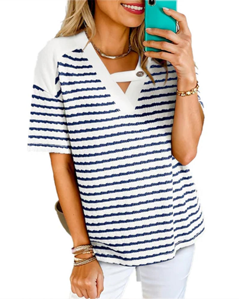 Hollow Out Striped Short Sleeve T-Shirt