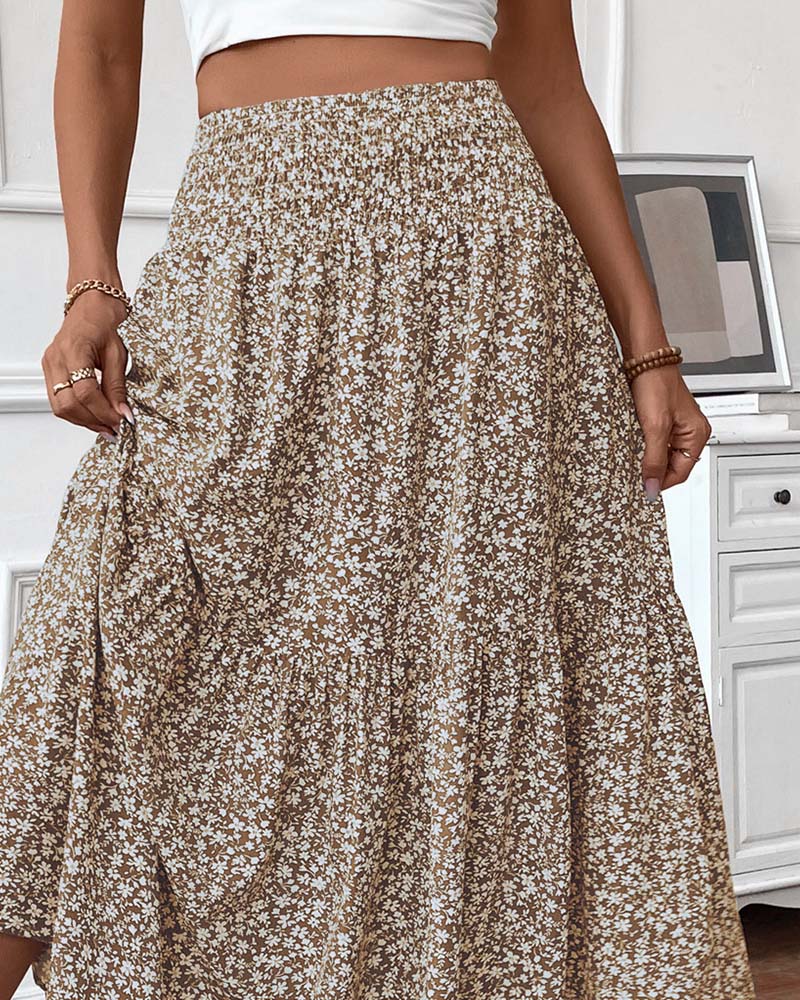 Layered Tiny Flower Print A-Line Long Skirt