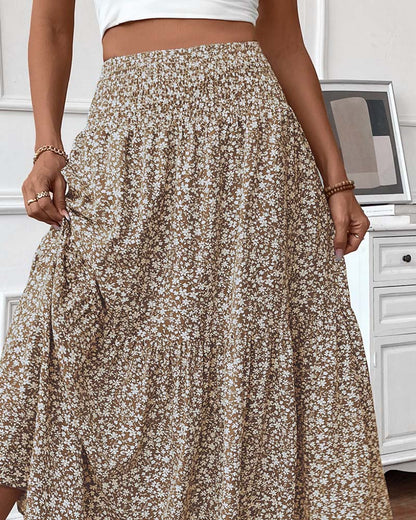 Layered Tiny Flower Print A-Line Long Skirt