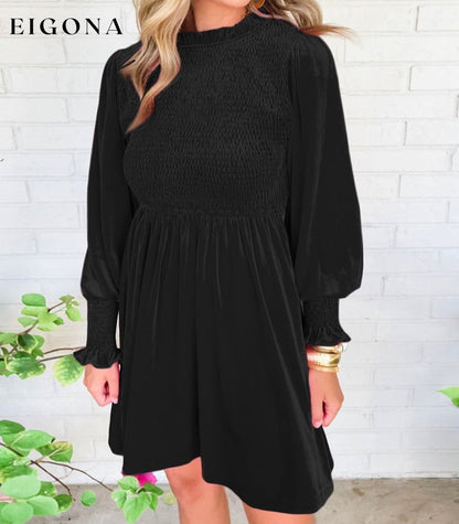 Black Frilled Neck Smocked Bodice Velvet Dress All In Stock casual dress casual dresses clothes Detail Ruffle dress dresses Fabric Velvet Hot picks long sleeve dress long sleeve dresses Occasion Daily Print Solid Color Season Winter short dresses Style Southern Belle