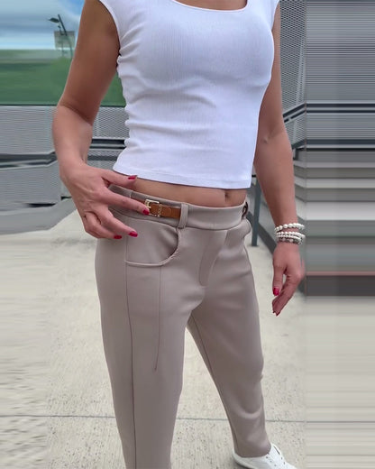 Decorative Belt Stretch Straight-Leg Pants