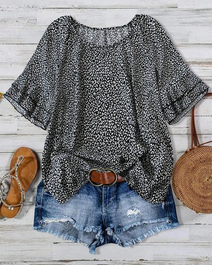 Ruffle Crew Neck Country Style Blouse
