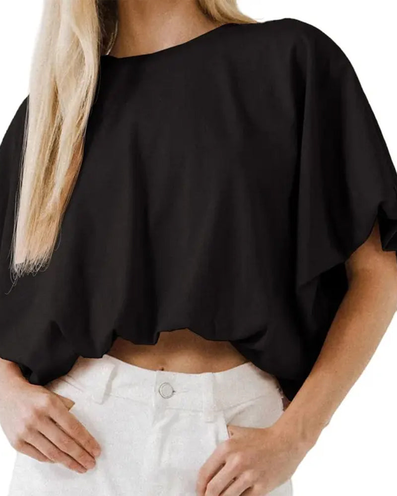 Solid Color Puff Sleeve Cropped Top blouses & shirts spring summer
