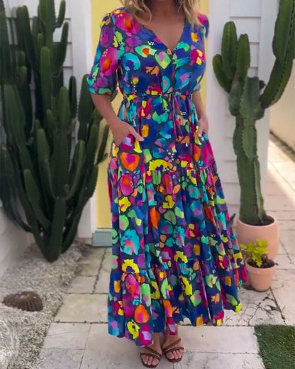 Lantern Sleeve Tie-Drawstring Printed V-Neck Dress