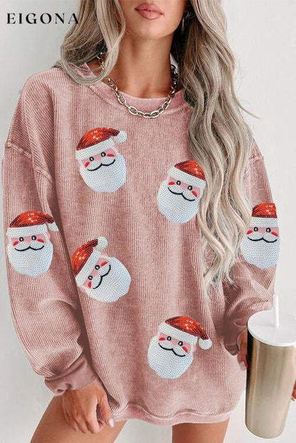Sequin Santa Patch Ribbed Sweatshirt, Christmas Sweater Blush Pink christmas sweater clothes Ship From Overseas Sweater sweaters SYNZ
