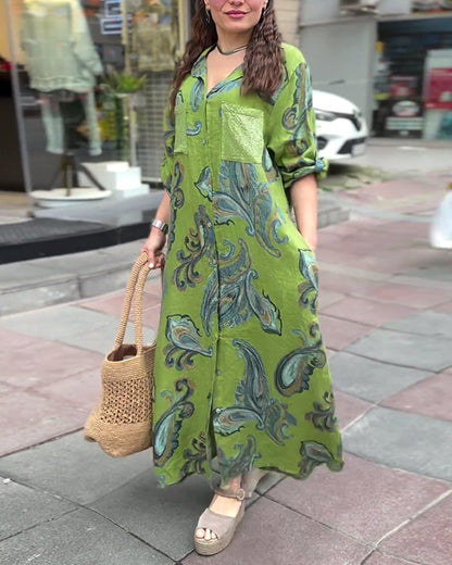 Lapel buttoned printed pocket slit long dress casual dresses spring summer