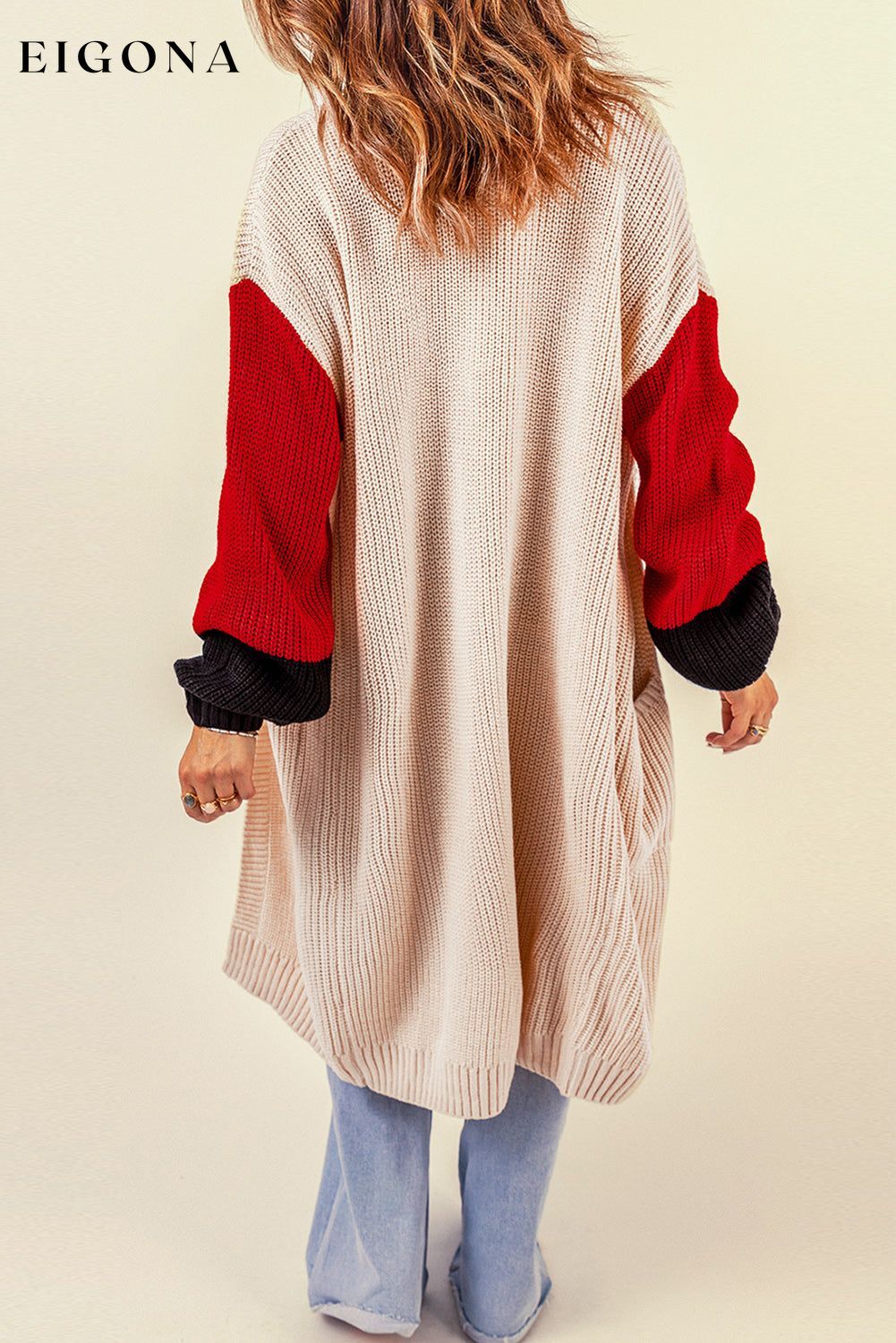 Color Block Rib-Knit Longline Cardigan with Front Pockets cardigan clothes long sleeve Ship From Overseas SYNZ