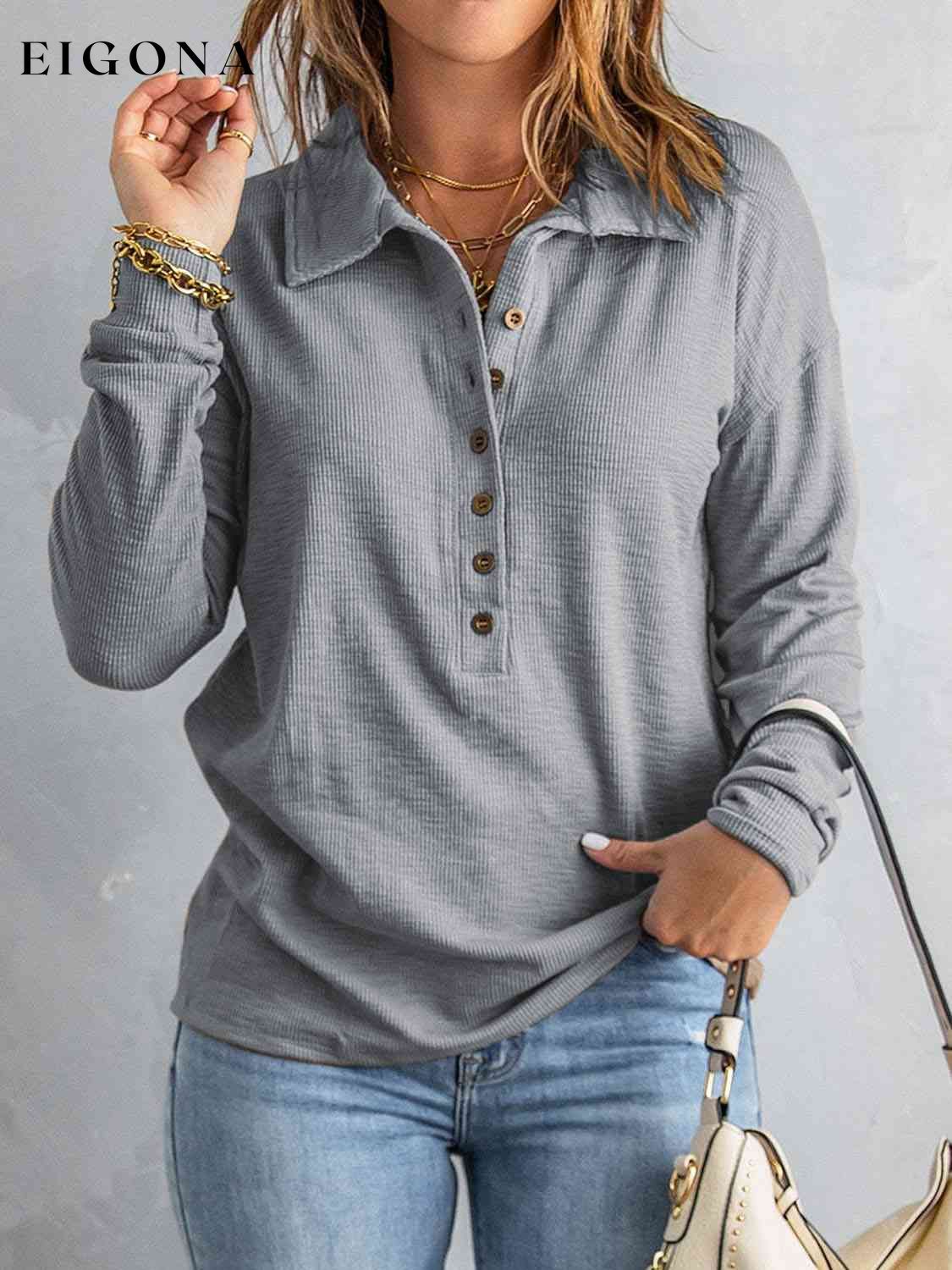 Collared Neck Half Button Top clothes Ship From Overseas Y@S@M