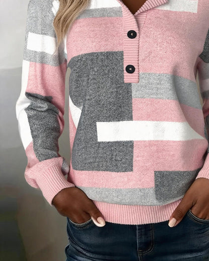 Checkered Button-Front Long-Sleeve Sweatshirt