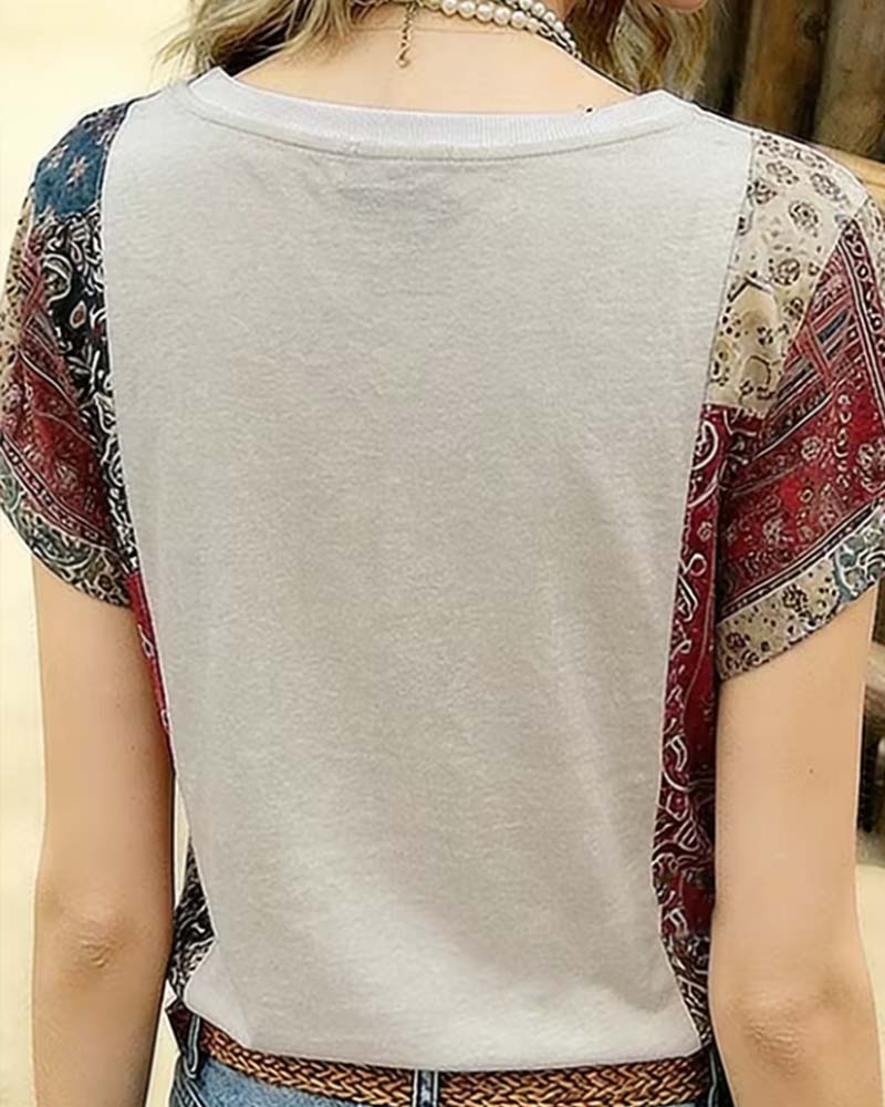 V-Neck Short-Sleeve Patchwork T-Shirt