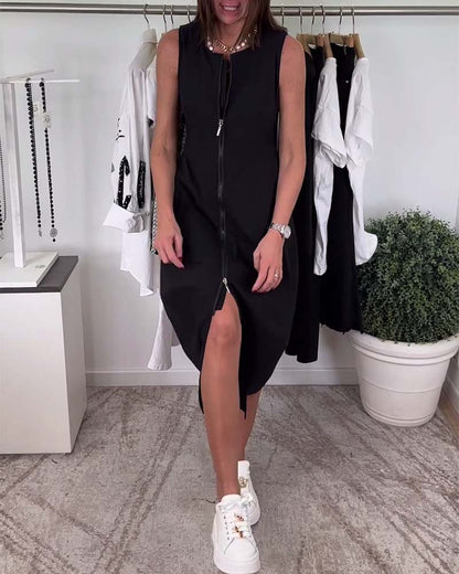 Round neck zippered solid color pocket dress casual dresses summer