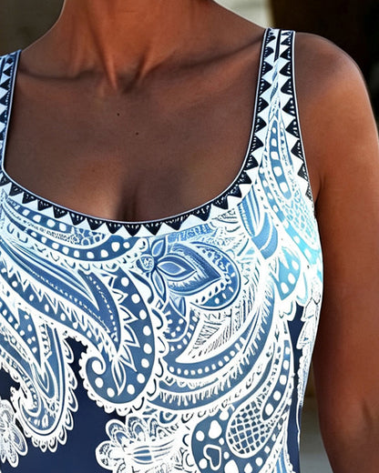 Strappy Leaf Print Color Block One Piece