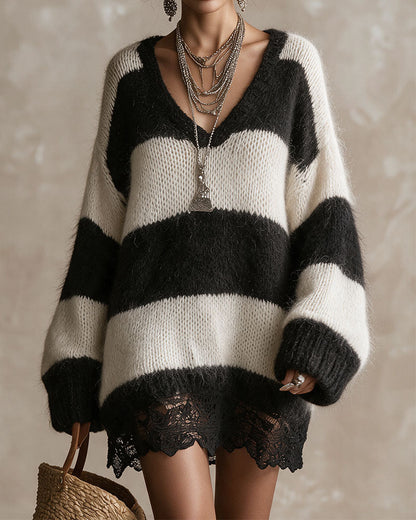 V-Neck Striped Lace Patchwork Sweater Dress