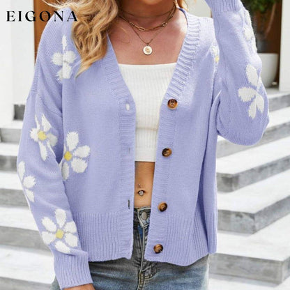 Floral Ribbed Trim Drop Shoulder Cardigan Lilac cardigan cardigans clothes Ship From Overseas sweater sweaters Yh