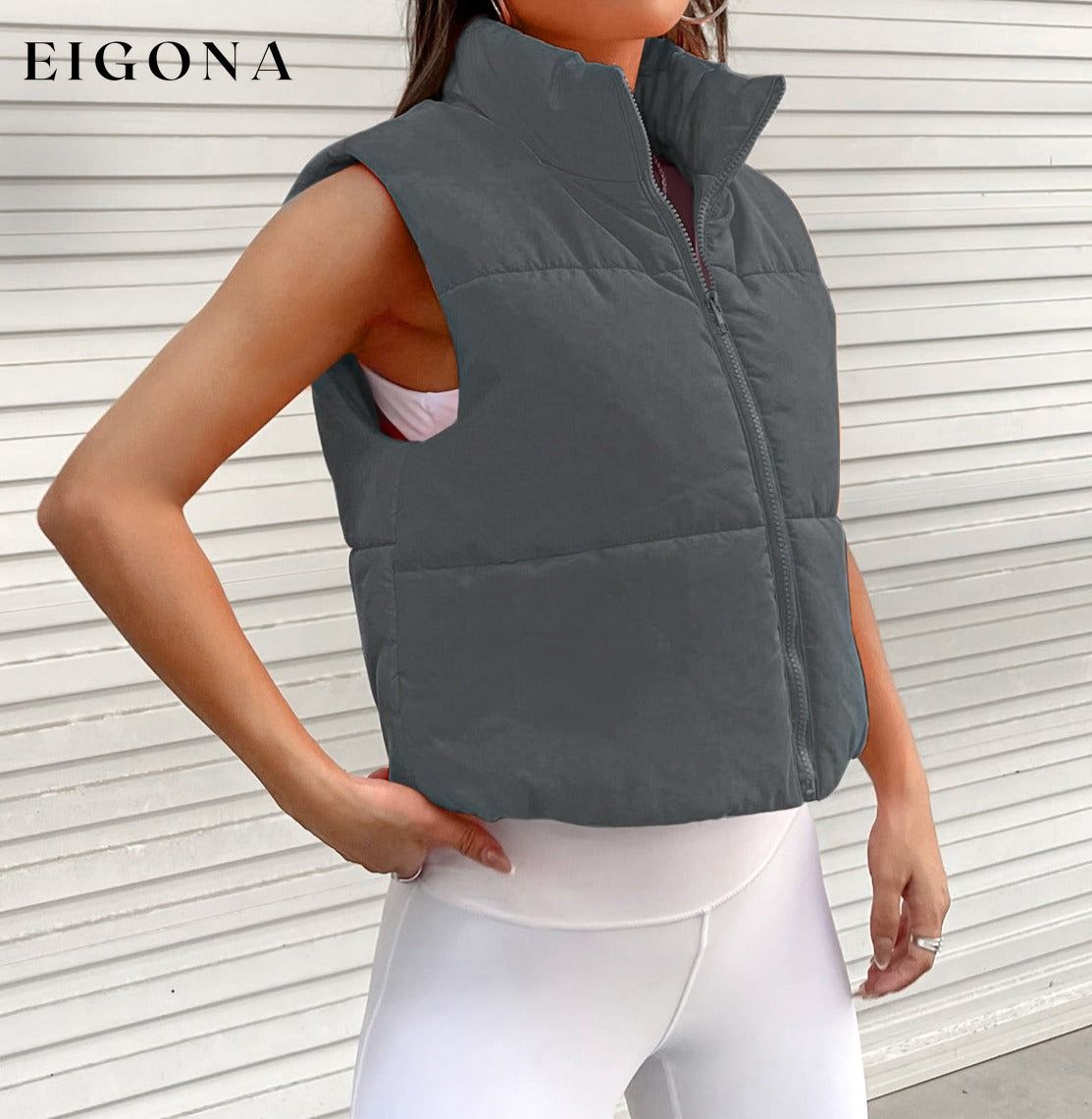 Zip-Up Puffer Vest Charcoal clothes puff vest Q@M Ship From Overseas Shipping Delay 09/29/2023 - 10/03/2023 vest