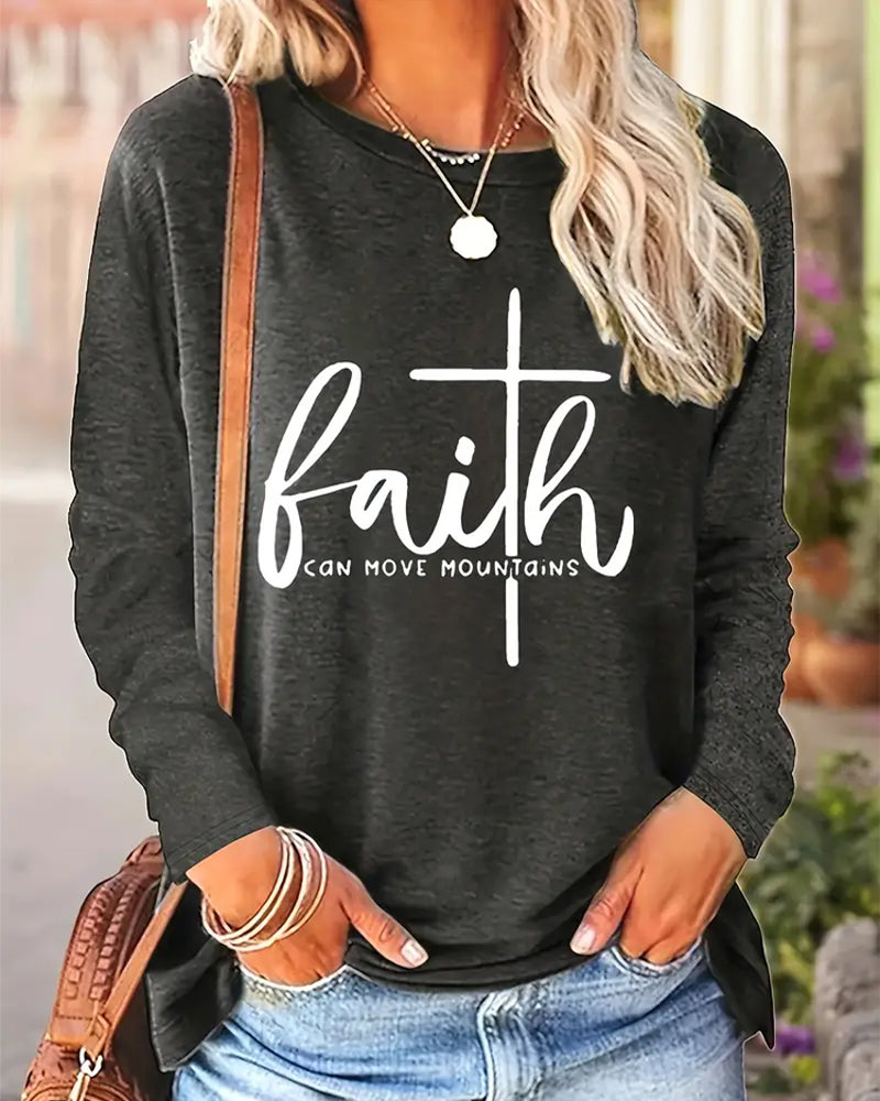 Faith-Inspired Print Womens Long Sleeve Crew Neck Top 2024 f/w blouses & shirts faith & slogan spring