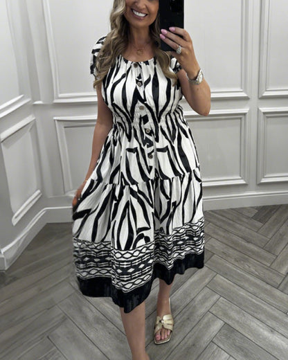 Button Design Geometric Short Sleeve Dress