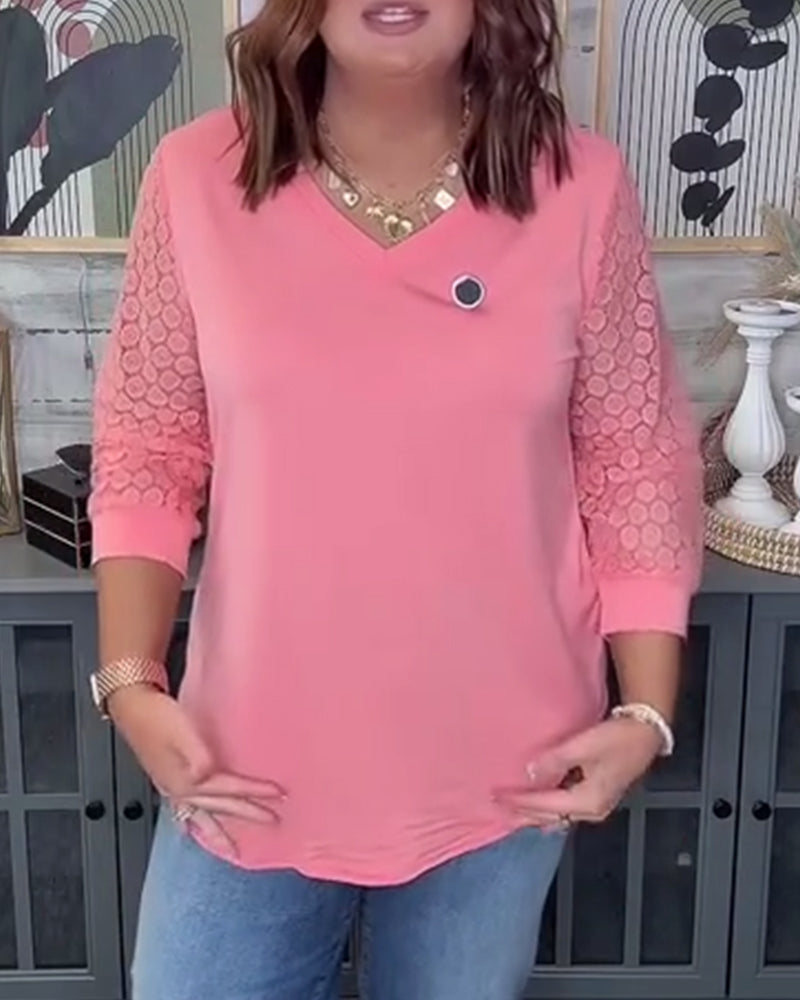 Three-Quarter Sleeve Lace Panel V-Neck Blouse