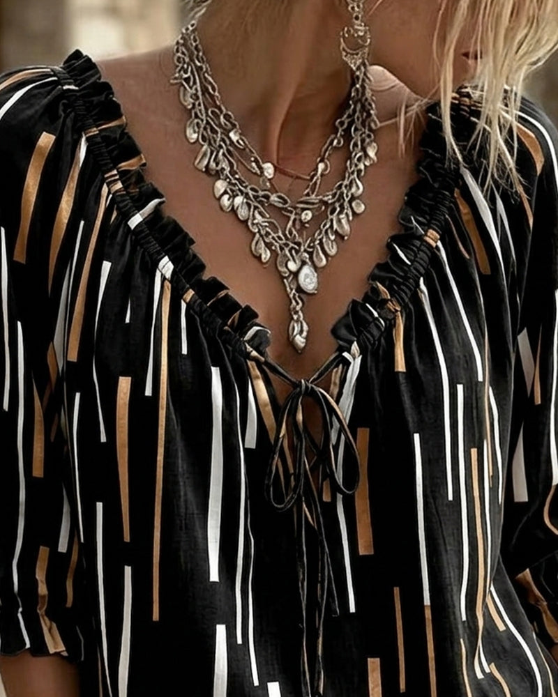 V-Neck Ruffle Trim Stripe Blouse