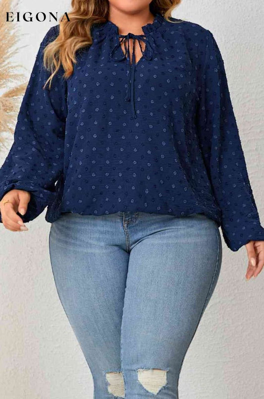 Plus Size Tie Neck Balloon Sleeve Blouse Navy clothes HS long sleeve shirts long sleeve top Ship From Overseas shirt shirts top tops