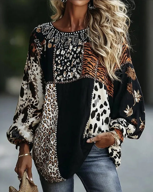 Crew Neck Leopard Tiger Print Contrast Blouse autumn blouses & shirts spring