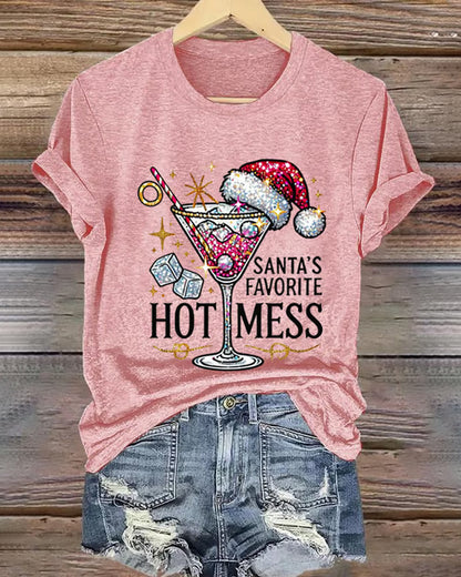 Women's Christmas Santa's Favorite Hot Mess Printed Crew Neck T-Shirt 2024 f/w christmas spring summer t-shirts