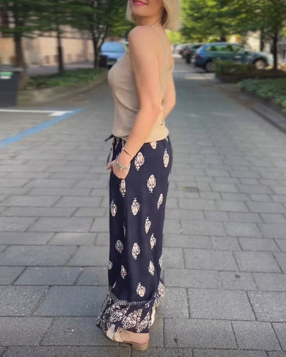 Vintage print drawstring casual trousers 202466 pants spring summer