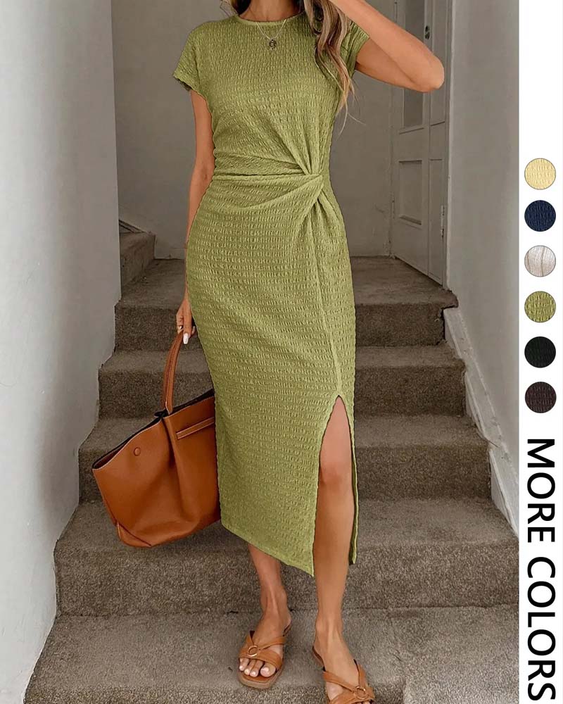 Twist-Knot Cinched Waist Side-Slit Dress