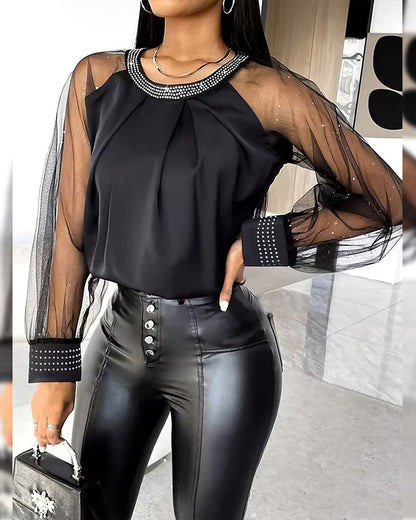 Hot Rhinestone Mesh Long-Sleeved Fashionable Blouse
