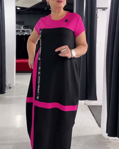 Round Neck Casual Commuting Contrast Color Dress